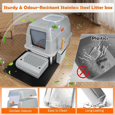 XL Stainless Steel Litter Box, Easy-Clean with Top Exit Design, Odor Control Litter Box with Fully Enclosed Design & Activated Charcoal Space, Trapping Box & Scoop Included (Blue) in Kuwait