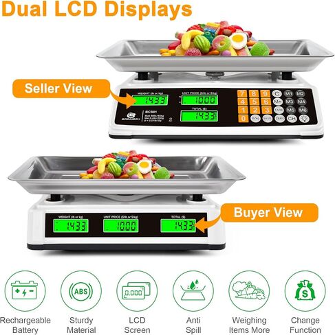 مقياس حوسبة الأسعار 88 رطل/40 كيلوجرام مقياس طعام تجاري لإنشاء اللحوم مع منصة كبيرة من الفولاذ المقاوم للصدأ ، شاشة LCD ، وإضاءة خضراء مشرقة لأسواق المزارعين ، ديلي ، （ليس للتجارة） in Kuwait