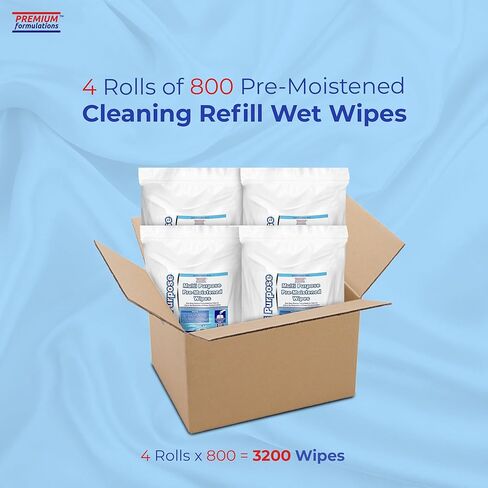 Wet Wipes Bulk - 4 x 800 Count Refill Bags (3200 Commercial Disposable Wipes) Value Pack - For Upward Pull Dispenser Ideal For Public Use in Kuwait