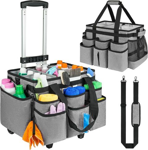 Large Rolling Cleaning Caddy Bag with Detachable Trolley,Cleaning Cart on Wheels with Shoulder Strap,Cleaning Supplies Organizer for Housekeepers,Black in Kuwait