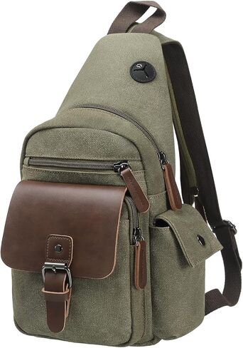 Canvas Sling Bag for Women Men, Crossbody Backpack Vintage Convertible, Rucksack Shoulder Bag W/Leather Accents for Outdoor Cycling Hiking Travel, Khaki in Kuwait