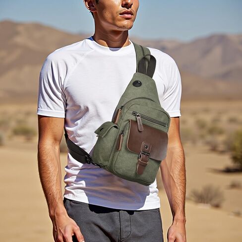 Canvas Sling Bag for Women Men, Crossbody Backpack Vintage Convertible, Rucksack Shoulder Bag W/Leather Accents for Outdoor Cycling Hiking Travel, Khaki in Kuwait