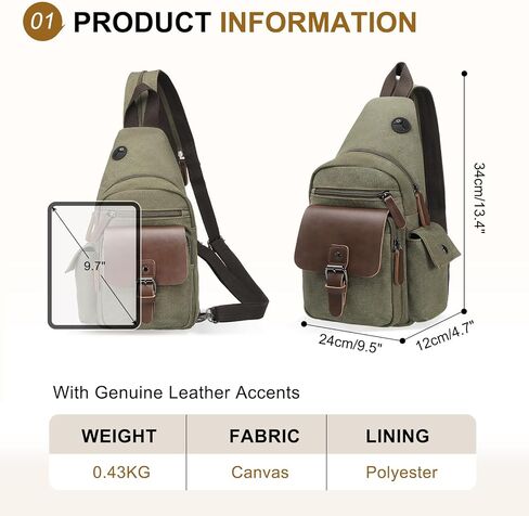 Canvas Sling Bag for Women Men, Crossbody Backpack Vintage Convertible, Rucksack Shoulder Bag W/Leather Accents for Outdoor Cycling Hiking Travel, Khaki in Kuwait
