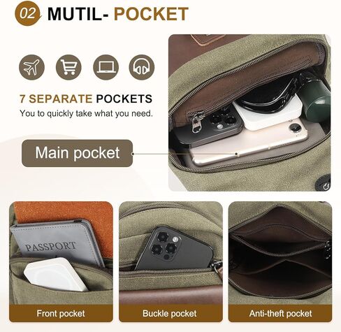 Canvas Sling Bag for Women Men, Crossbody Backpack Vintage Convertible, Rucksack Shoulder Bag W/Leather Accents for Outdoor Cycling Hiking Travel, Khaki in Kuwait