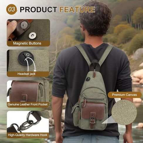 Canvas Sling Bag for Women Men, Crossbody Backpack Vintage Convertible, Rucksack Shoulder Bag W/Leather Accents for Outdoor Cycling Hiking Travel, Khaki in Kuwait