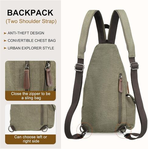 Canvas Sling Bag for Women Men, Crossbody Backpack Vintage Convertible, Rucksack Shoulder Bag W/Leather Accents for Outdoor Cycling Hiking Travel, Khaki in Kuwait