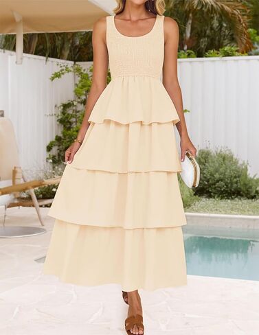 ZESICA Women's 2025 Summer Boho Sleeveless Midi Dress Scoop Neck Ruffle Tiered Layered Swing Long Beach Vacation Dresses in Kuwait