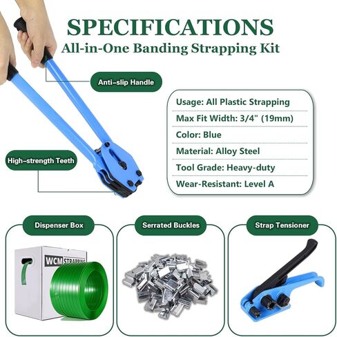 Banding Strapping Kit, Pallet Strapping Kit, Packaging Banding Tool with 5/8" Width, 1000' Length Polyester Strapping Coil Roll and Dispenser Box – Heavy Duty Certified 1200 lbs Break in Kuwait
