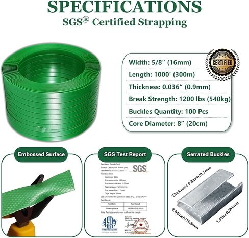 Banding Strapping Kit, Pallet Strapping Kit, Packaging Banding Tool with 5/8" Width, 1000' Length Polyester Strapping Coil Roll and Dispenser Box – Heavy Duty Certified 1200 lbs Break in Kuwait