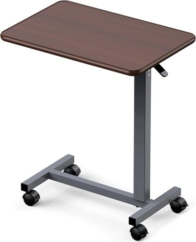 WOTURE Adjustable Overbed Table with Wheels, Bedside Rolling Table, Pneumatic Height Adjustment, Hospital Bed Table on Wheels, Standing Desk, Bedridden & Mobility Needs, Walnut in Saudi Arabia