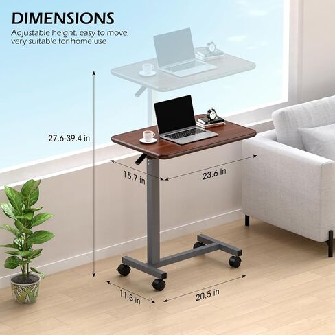 WOTURE Adjustable Overbed Table with Wheels, Bedside Rolling Table, Pneumatic Height Adjustment, Hospital Bed Table on Wheels, Standing Desk, Bedridden & Mobility Needs, Walnut in Saudi Arabia