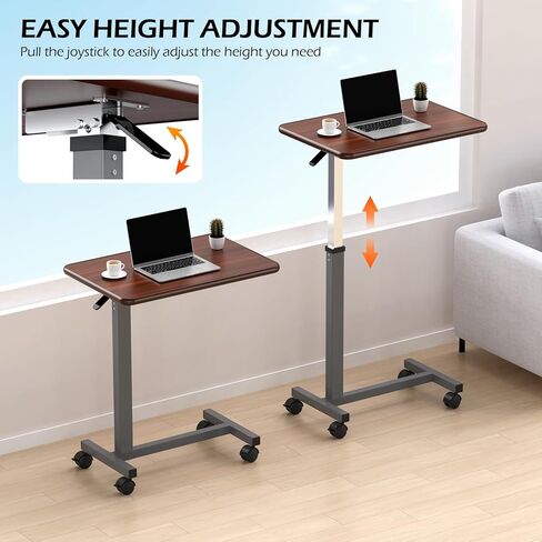 WOTURE Adjustable Overbed Table with Wheels, Bedside Rolling Table, Pneumatic Height Adjustment, Hospital Bed Table on Wheels, Standing Desk, Bedridden & Mobility Needs, Walnut in Saudi Arabia