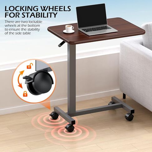WOTURE Adjustable Overbed Table with Wheels, Bedside Rolling Table, Pneumatic Height Adjustment, Hospital Bed Table on Wheels, Standing Desk, Bedridden & Mobility Needs, Walnut in Saudi Arabia