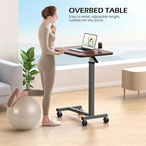 WOTURE Adjustable Overbed Table with Wheels, Bedside Rolling Table, Pneumatic Height Adjustment, Hospital Bed Table on Wheels, Standing Desk, Bedridden & Mobility Needs, Walnut in Saudi Arabia