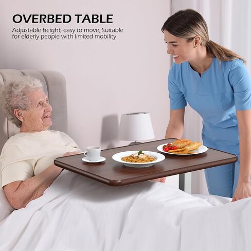 WOTURE Adjustable Overbed Table with Wheels, Bedside Rolling Table, Pneumatic Height Adjustment, Hospital Bed Table on Wheels, Standing Desk, Bedridden & Mobility Needs, Walnut in Saudi Arabia