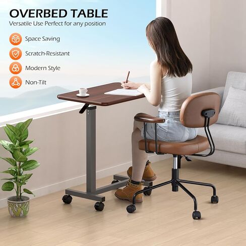 WOTURE Adjustable Overbed Table with Wheels, Bedside Rolling Table, Pneumatic Height Adjustment, Hospital Bed Table on Wheels, Standing Desk, Bedridden & Mobility Needs, Walnut in Saudi Arabia