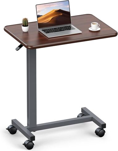 WOTURE Adjustable Overbed Table with Wheels, Bedside Rolling Table, Pneumatic Height Adjustment, Hospital Bed Table on Wheels, Standing Desk, Bedridden & Mobility Needs, Walnut in Saudi Arabia