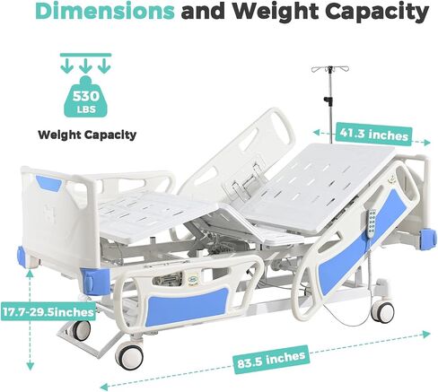 Premium 5 Function Full Electric ICU Hospital Bed with 4.7" Mattress for Home Use-17.7" - 29.5" Height Range-CPR One-Click Recovery-5" Casters, 530LBS Loading, Adjustable Medical Bed Frame in Saudi Arabia