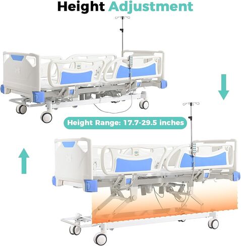 Premium 5 Function Full Electric ICU Hospital Bed with 4.7" Mattress for Home Use-17.7" - 29.5" Height Range-CPR One-Click Recovery-5" Casters, 530LBS Loading, Adjustable Medical Bed Frame in Saudi Arabia