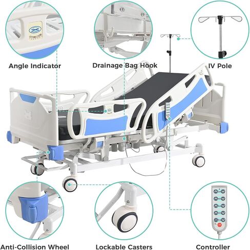 Premium 5 Function Full Electric ICU Hospital Bed with 4.7" Mattress for Home Use-17.7" - 29.5" Height Range-CPR One-Click Recovery-5" Casters, 530LBS Loading, Adjustable Medical Bed Frame in Saudi Arabia