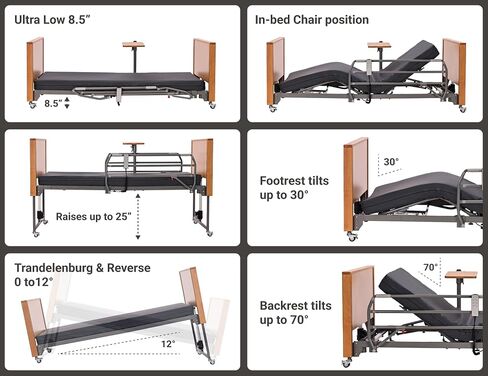 Hospital Bed with 5 Electric Functions – Advanced German Technology Medical Bed for Home Use – Overbed Table & Rails Included – Adjustable Height 8.5"-25" in Saudi Arabia