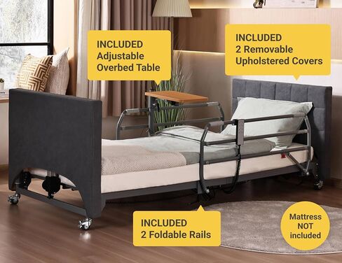 Hospital Bed with 5 Electric Functions – Advanced German Technology Medical Bed for Home Use – Overbed Table & Rails Included – Adjustable Height 8.5"-25" in Saudi Arabia