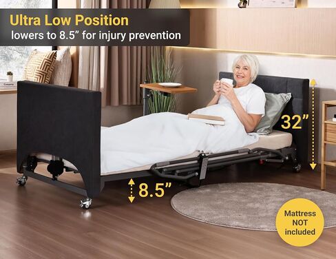 Hospital Bed with 5 Electric Functions – Advanced German Technology Medical Bed for Home Use – Overbed Table & Rails Included – Adjustable Height 8.5"-25" in Saudi Arabia