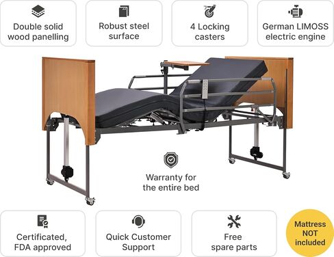 Hospital Bed with 5 Electric Functions – Advanced German Technology Medical Bed for Home Use – Overbed Table & Rails Included – Adjustable Height 8.5"-25" in Saudi Arabia