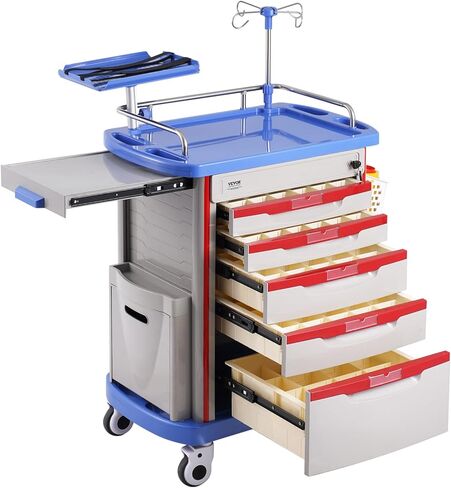 VEVOR 5-Tier Lab Cart With 5 Drawers, 4 Silent Wheels & 2 Trash Cans - Mobile Medical Utility Cart, PP Material - for Clinic, Hospital, Salon, Blue in Saudi Arabia