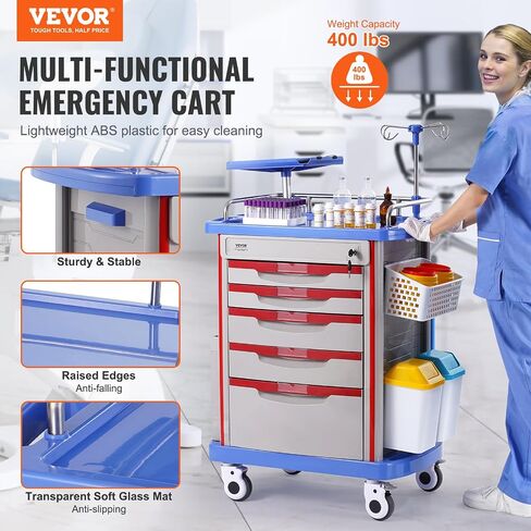 VEVOR 5-Tier Lab Cart With 5 Drawers, 4 Silent Wheels & 2 Trash Cans - Mobile Medical Utility Cart, PP Material - for Clinic, Hospital, Salon, Blue in Saudi Arabia