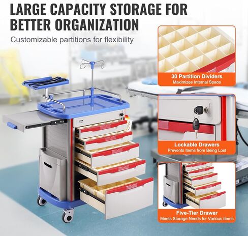 VEVOR 5-Tier Lab Cart With 5 Drawers, 4 Silent Wheels & 2 Trash Cans - Mobile Medical Utility Cart, PP Material - for Clinic, Hospital, Salon, Blue in Saudi Arabia