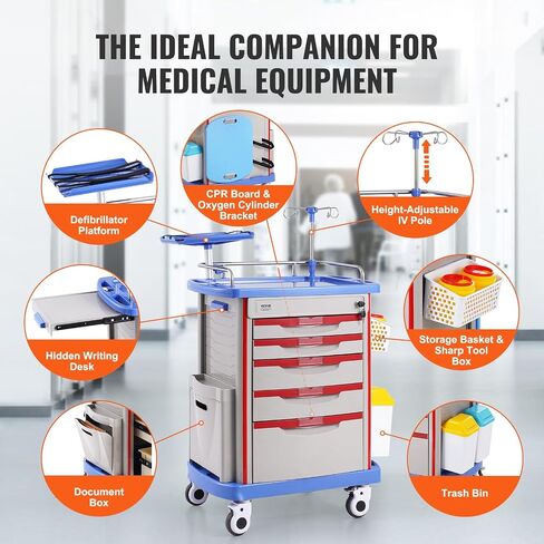 VEVOR 5-Tier Lab Cart With 5 Drawers, 4 Silent Wheels & 2 Trash Cans - Mobile Medical Utility Cart, PP Material - for Clinic, Hospital, Salon, Blue in Saudi Arabia