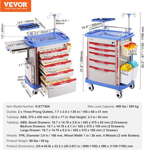 VEVOR 5-Tier Lab Cart With 5 Drawers, 4 Silent Wheels & 2 Trash Cans - Mobile Medical Utility Cart, PP Material - for Clinic, Hospital, Salon, Blue in Saudi Arabia