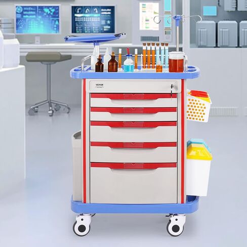 VEVOR 5-Tier Lab Cart With 5 Drawers, 4 Silent Wheels & 2 Trash Cans - Mobile Medical Utility Cart, PP Material - for Clinic, Hospital, Salon, Blue in Saudi Arabia