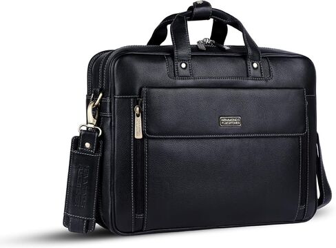 Genuine Leather Laptop Bag for Men - Office Bag - Fits Up to 15.6 Inch Laptop - Laptop Messenger Bags/Leather Bag for Men with Adjustable Shoulder Strap and Trolley Strap - Black, in Saudi Arabia