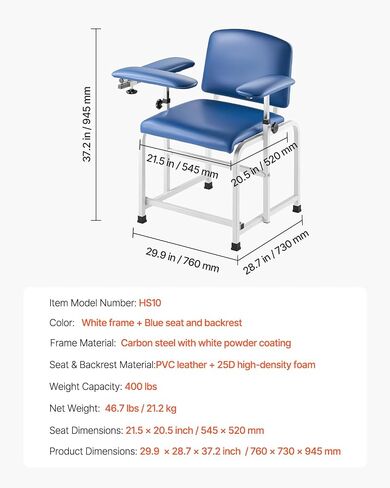 VEVOR Phlebotomy Chair, Blood Draw Chair with Adjustable Armrests and Flip Arm, 400LBS Loading Blood Drawing Medical Chair with Soft Padded Seat, Easy-to-Clean PVC Leather for Hospitals, Labs, Clinics in Saudi Arabia