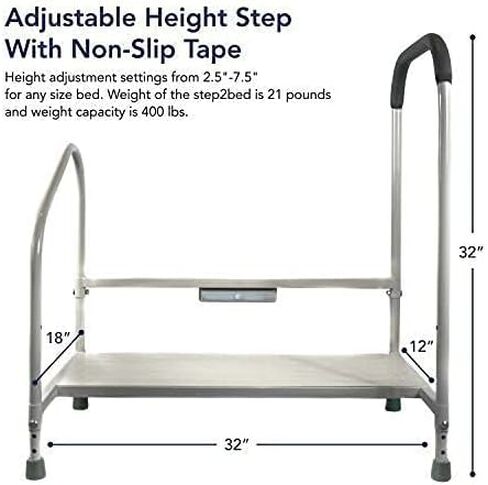 Step2Bed Bed Rails For Elderly with Adjustable Height Bed Step Stool & LED Light for Fall Prevention - Portable Medical Step Stool comes with Handicap Grab Bars making it easy to get in and out of bed in Saudi Arabia