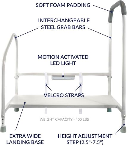 Step2Bed Bed Rails For Elderly with Adjustable Height Bed Step Stool & LED Light for Fall Prevention - Portable Medical Step Stool comes with Handicap Grab Bars making it easy to get in and out of bed in Saudi Arabia