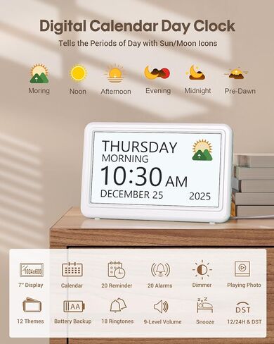 Clock with Day and Date for Elderly, 7" Large Display Digital Calendar Day Clock with 20 Custom Alarms and Medicine Reminders, 12 Display Modes, Dimmable Dementia Alzheimers Clocks for Seniors in Saudi Arabia