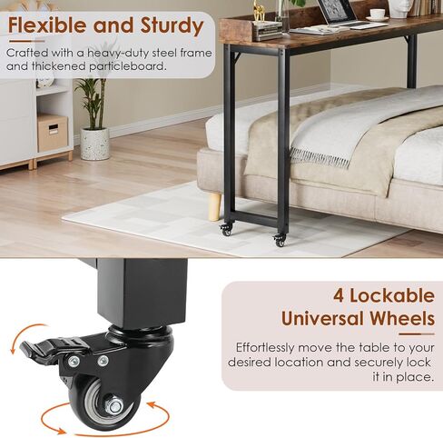 Arlopu Overbed Table with 360° Wheels, Queen Size Mobile Bed Desk with Heavy Duty Metal Leg, Sturdy Laptop Cart & Dining Table for Bedroom, Living Room, Hospital Use (White) in Saudi Arabia