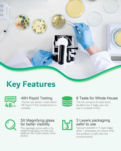 Mold Test Kit for Home, 8 Detection Tests for HVAC, Surfaces & Indoor Air Quality, DIY Black Mold Detector Testing kit at Home, Includes Detailed Identification Guide, 5X Magnifier & Free Lab Analysis in Kuwait