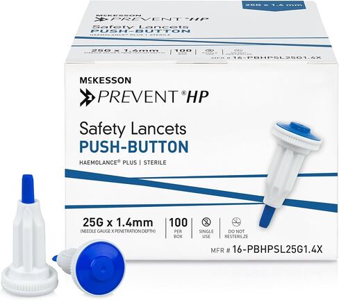 McKesson منع HP زر الضغط المعقمة Lancets ، عمق 25G × 1.4 مم [100 عدد] - تراجع تلقائي لانسخات الجلوكوز في الدم ، الاستخدام الفردي ، الأزرق in Saudi Arabia