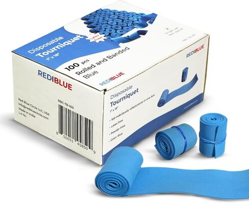 Tourniquet RediBlue يمكن التخلص منها [حزمة من 100] - مطاطية خالية من اللاتكس ، مقاومة للدموع ، متعرجة واحدة للاستخدام المفرد للإسعافات الأولية ، الطبية ، عيادة ، مضغوطة ومحمولة - 1 "× 18" in Kuwait