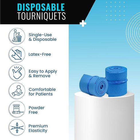 Tourniquet RediBlue يمكن التخلص منها [حزمة من 100] - مطاطية خالية من اللاتكس ، مقاومة للدموع ، متعرجة واحدة للاستخدام المفرد للإسعافات الأولية ، الطبية ، عيادة ، مضغوطة ومحمولة - 1 "× 18" in Kuwait