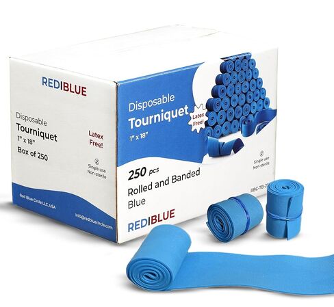 Tourniquet RediBlue يمكن التخلص منها [حزمة من 100] - مطاطية خالية من اللاتكس ، مقاومة للدموع ، متعرجة واحدة للاستخدام المفرد للإسعافات الأولية ، الطبية ، عيادة ، مضغوطة ومحمولة - 1 "× 18" in Kuwait