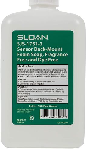 Sloan SJS-1751 Sensor Deck Deck-Mount Green Devons Soap Soap لموزع SJS-1750 Foam Soap ، زجاجة غير مركزية ، خالية من العطور ، 1000 مل ، 5700751 in Kuwait