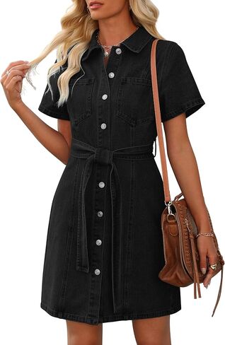 فستان الدنيم للسيدات بأكمام قصيرة من فستان جين لأسفل فساتين قميص الدنيم مع جيب 2025 ملابس in Kuwait