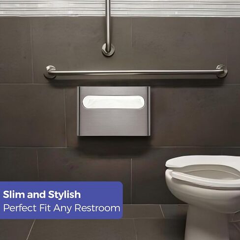 Slim Brushed Stainless Steel Toilet Seat Cover Dispenser – Designer Wall-Mount Holder with Curved Edges and Large Capacity for Single or 1/2 Fold Covers, Aesthetic and Modern Look in Kuwait