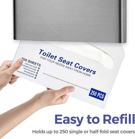 Slim Brushed Stainless Steel Toilet Seat Cover Dispenser – Designer Wall-Mount Holder with Curved Edges and Large Capacity for Single or 1/2 Fold Covers, Aesthetic and Modern Look in Kuwait
