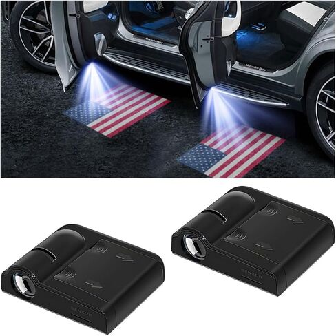 2PCS American Flag Car Door Lights Logo Projector, LED Wireless Vehicle Door Welcome Courtesy Light, Patriotic Automotive Sensor Ghost Shadow Lamp, Universal for Most Cars (Black) in Saudi Arabia